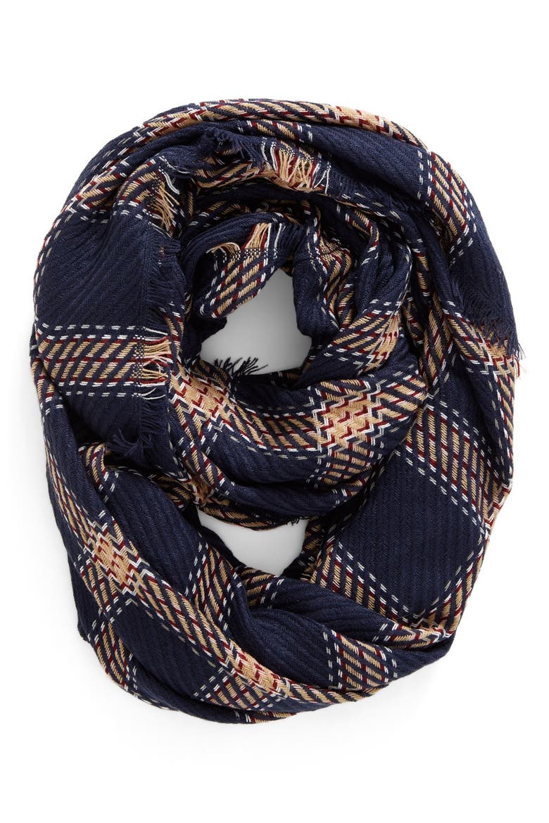 Plaid Knit Infinity Scarf, Main, color, NAVY MULTI