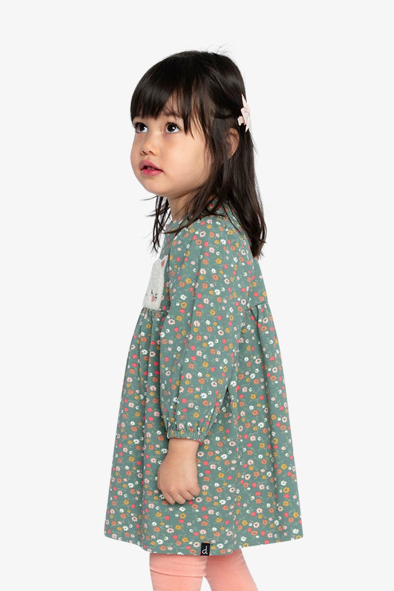 Organic Cotton Fleece Cat Gathered Skirt Dress, Alternate, color, Green Floral Print