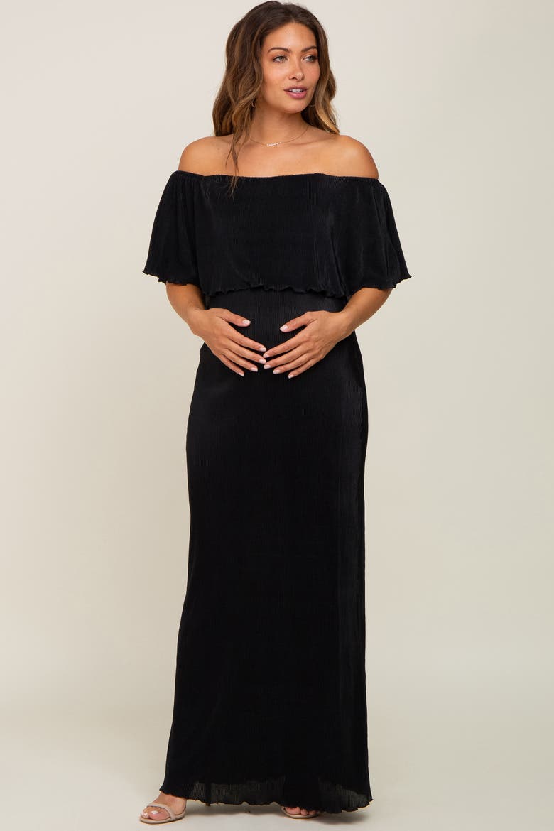 Pleated Ruffle Off Shoulder Maxi Dress, Main, color, Black