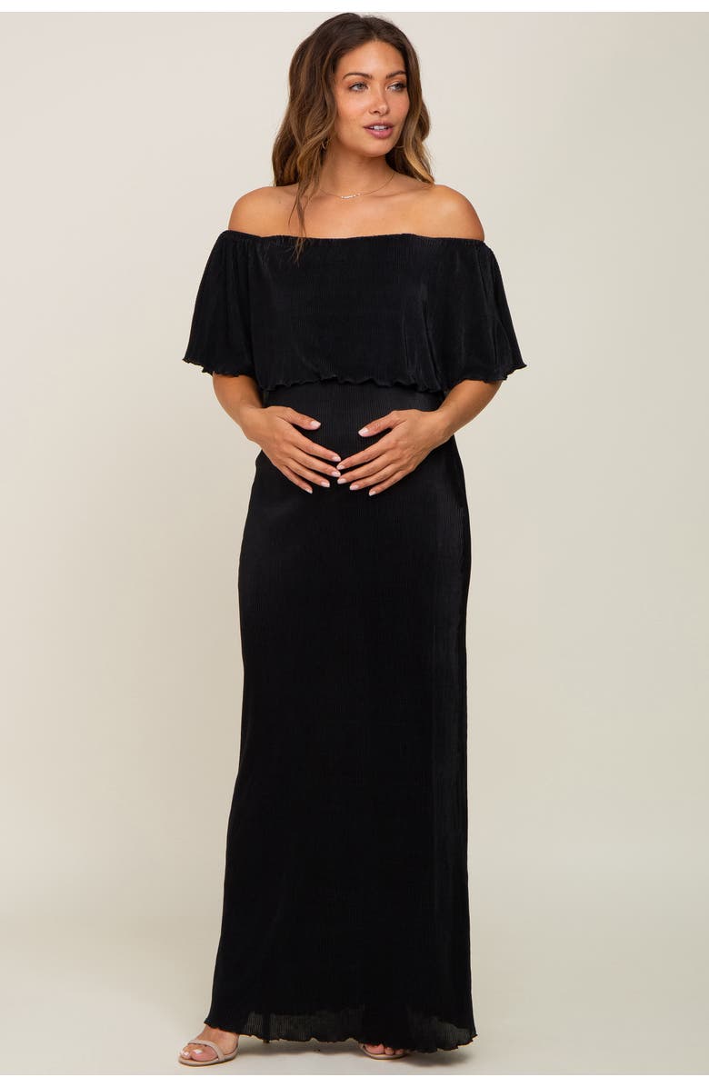 PinkBlush Pleated Ruffle Off Shoulder Maxi Dress, Main, color, Black