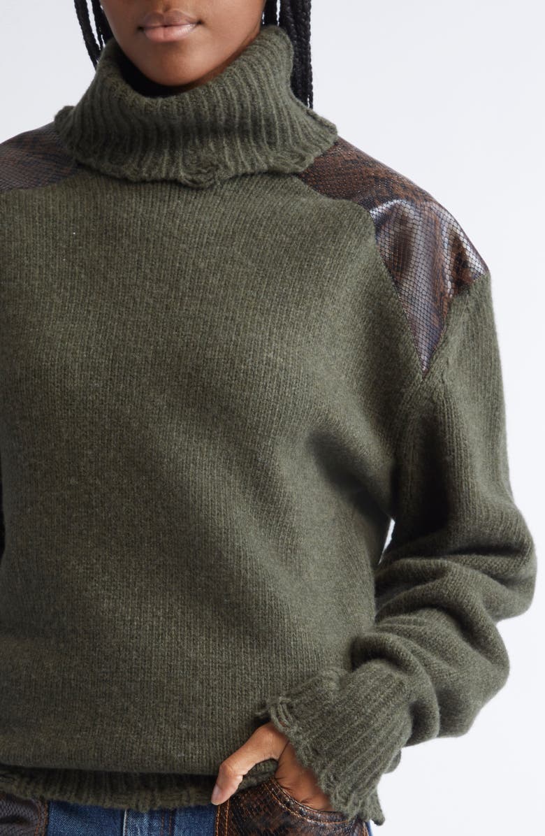 Stella McCartney Snakeskin Embossed Faux Leather & Virgin Wool Sweater, Alternate, color, Dark Khaki