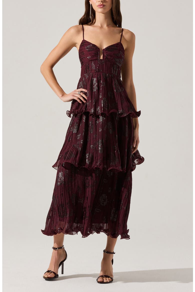 Lupin Pleated Tiered Midi Dress, Alternate, color, WINE FLORAL PRINT