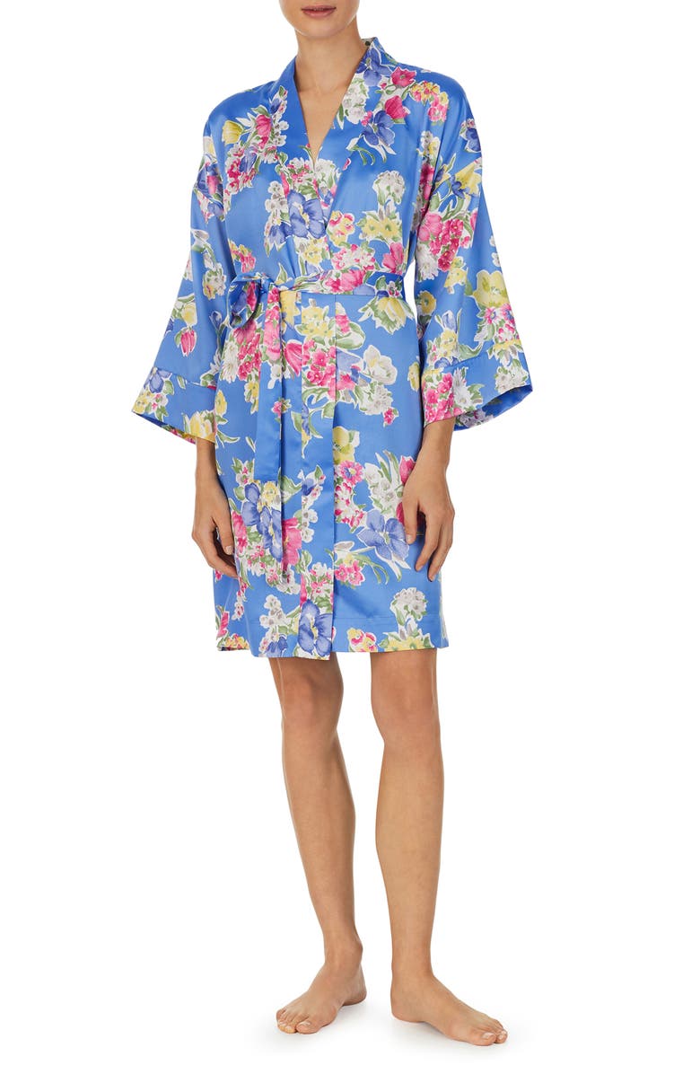 Lauren Ralph Lauren Floral Short Satin Robe, Main, color, Blu/ Flor