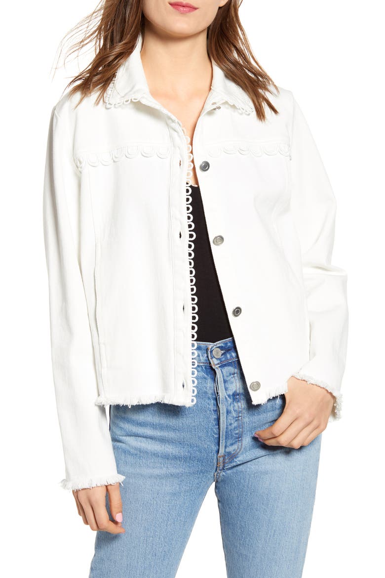 Lace Detail Frayed Hem Denim Trucker Jacket, Main, color, WHITE