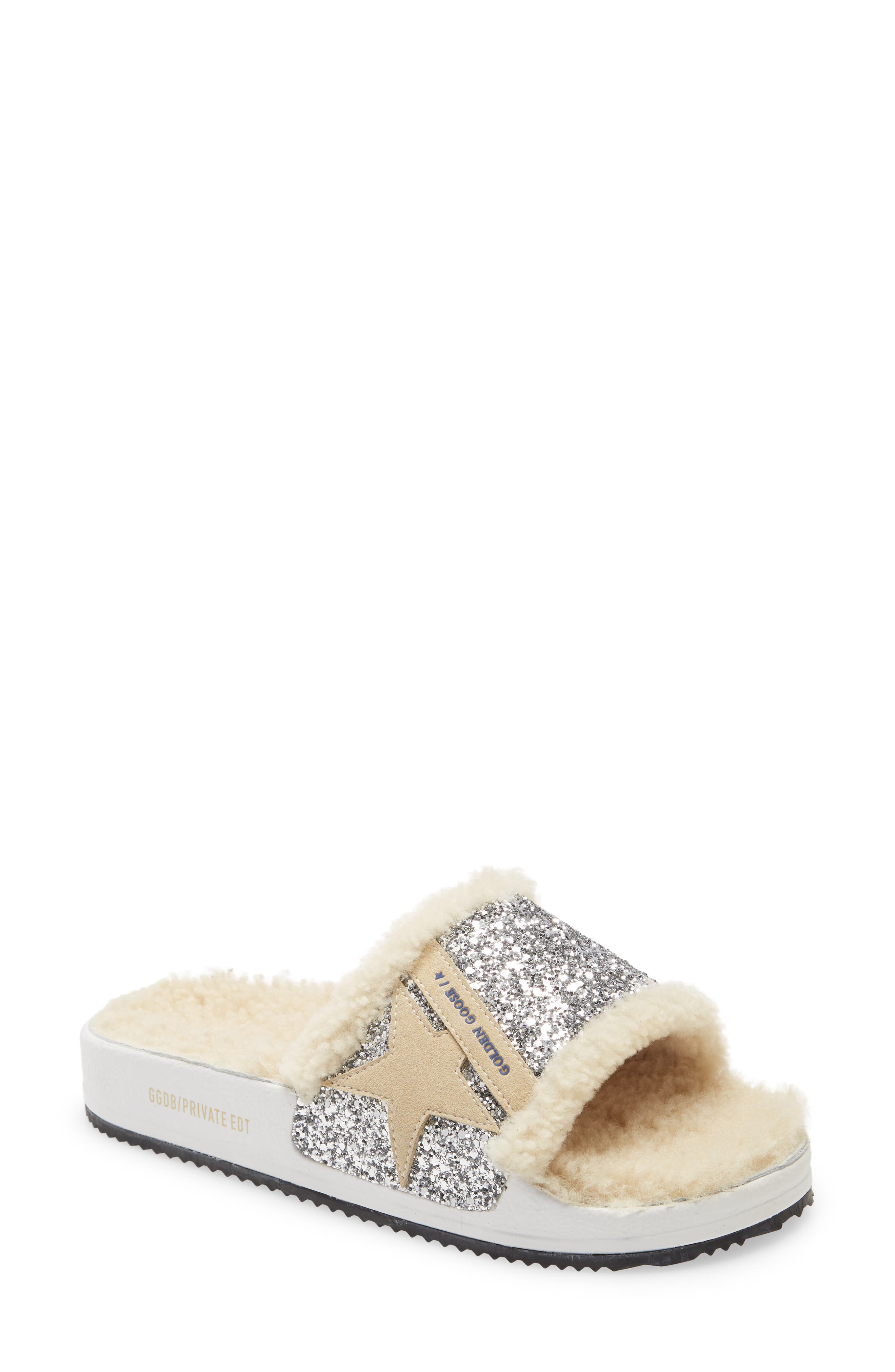 Poolstar Genuine Shearling & Glitter Slide Sandal (Nordstrom Exclusive), Main, color, SILVER/ CAPPUCCINO/ BEIGE