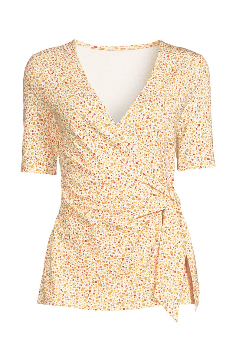 Lands' End Elbow Sleeve Lightweight Jersey Side Tie Blouse, Alternate, color, White/Periwinkle Tiny Stripe