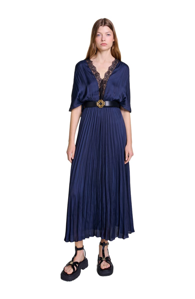 maje Pleated maxi dress with lace, Main, color, 
