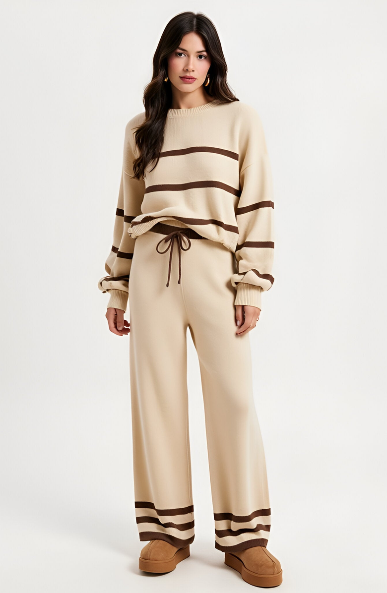 Modenaire Cozy Striped Sweater and Wide-Leg Pants Lounge Set, Main, color, 