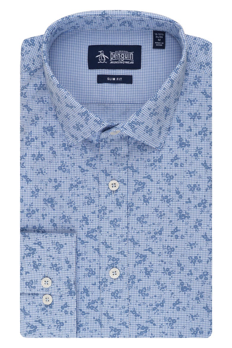 Slim Fit Floral Gingham Dress Shirt, Main, color, BLUE