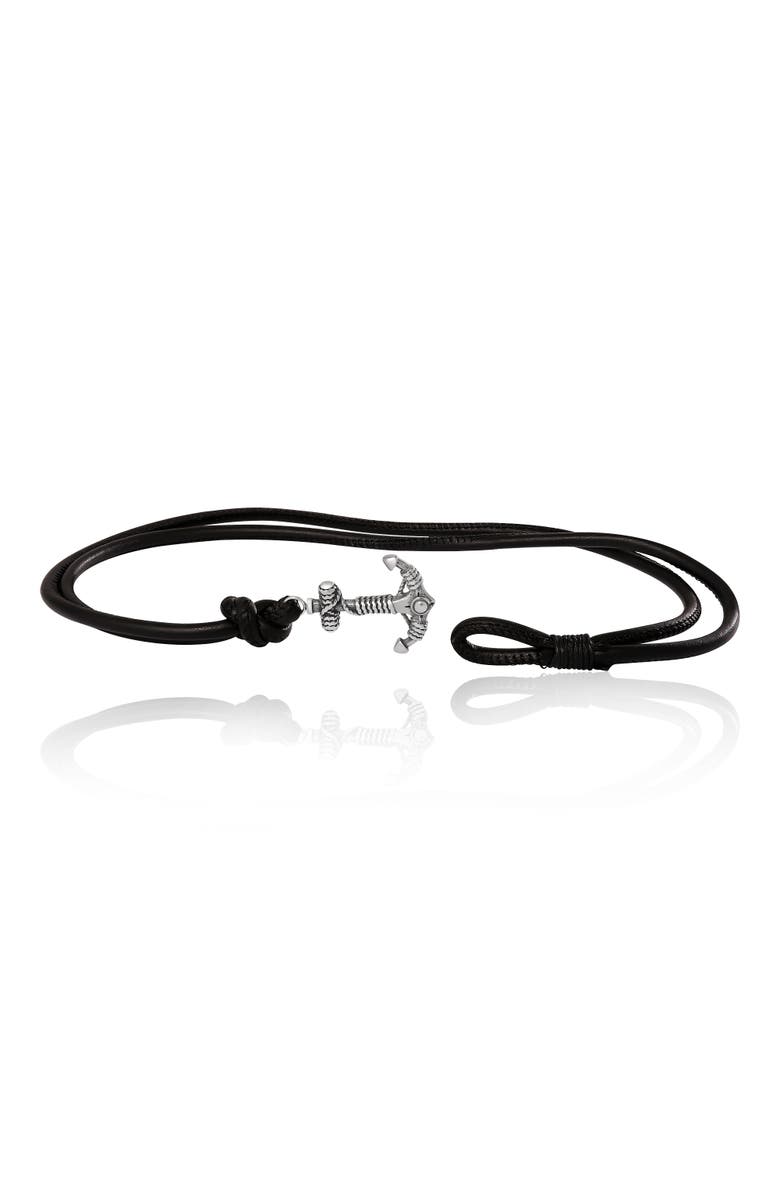 Lucky Brand Black Leather Anchor Wrap Bracelet with Adjustable Fit, Alternate, color, Black