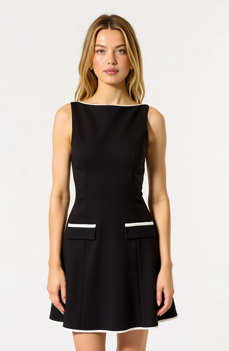 Modenaire Sleeveless Contrast Trim Mini Dress, Alternate, color, Black