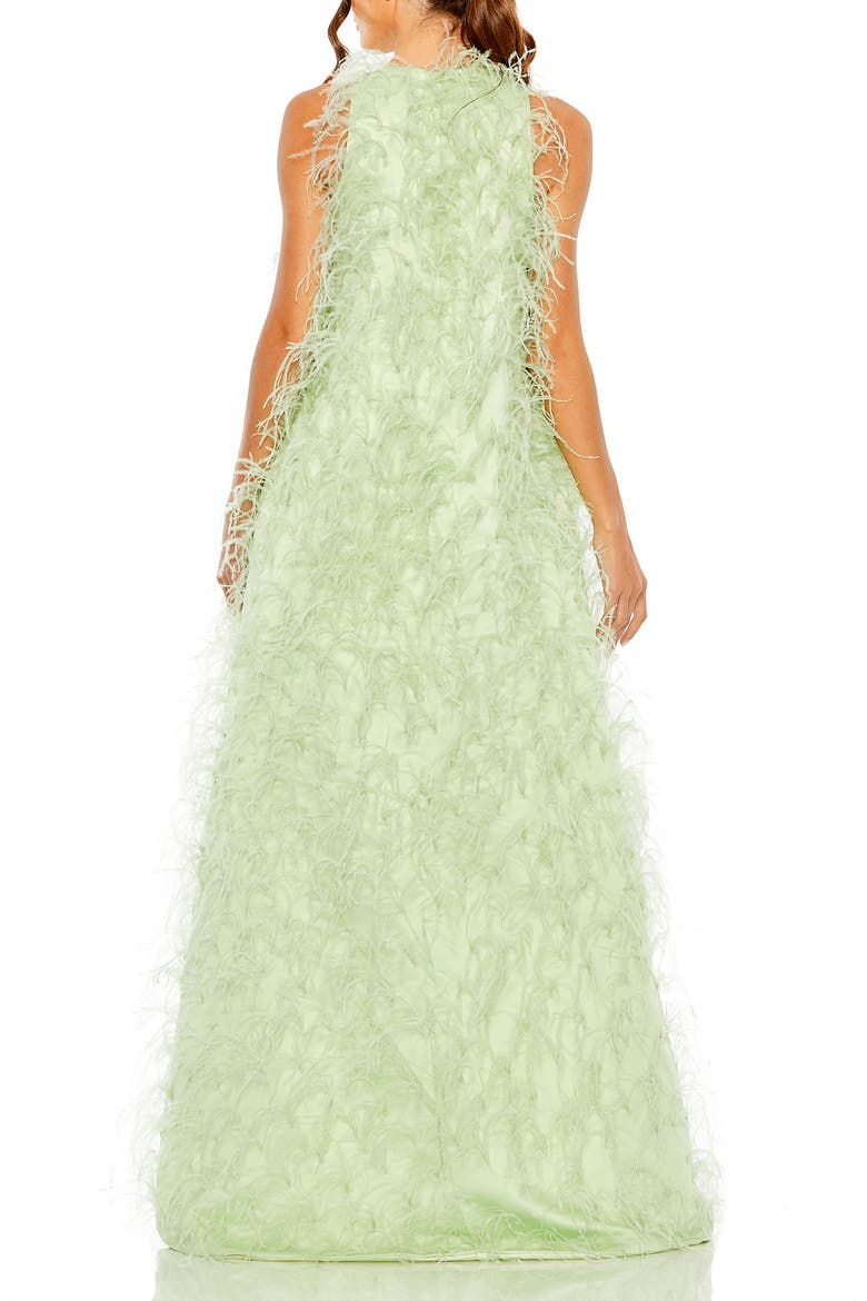 Satin Feather High-Low Evening Dress with Trapeze Silhouette, Alternate, color, Mint