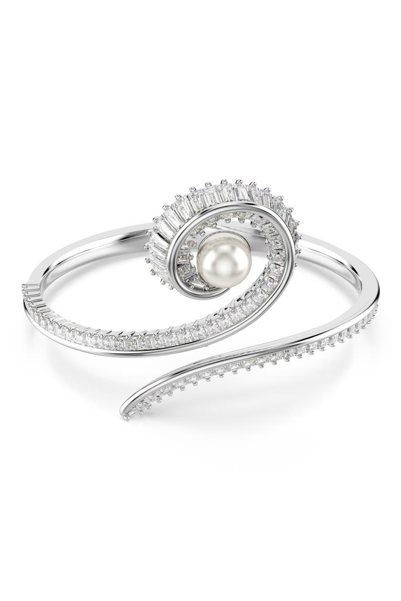x Ariana Grande Treble Clef Crystal & Faux Pearl Bangle Bracelet, Main, color, WHITE/ SILVER