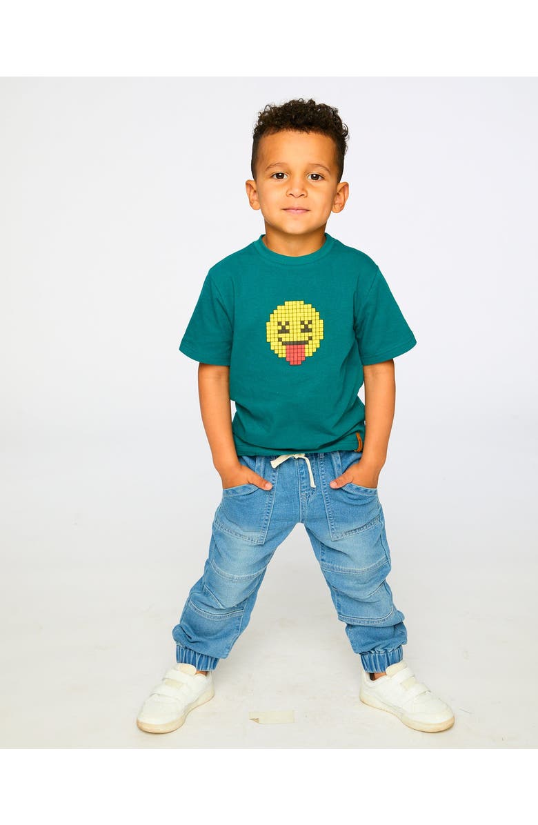 Deux par Deux Organic Cotton Jersey Smiley Face Graphic T-Shirt, Alternate, color, Dark Turquoise