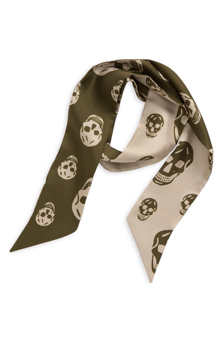 McQueen Skinny Silk Twill Scarf, Alternate, color, Olive
