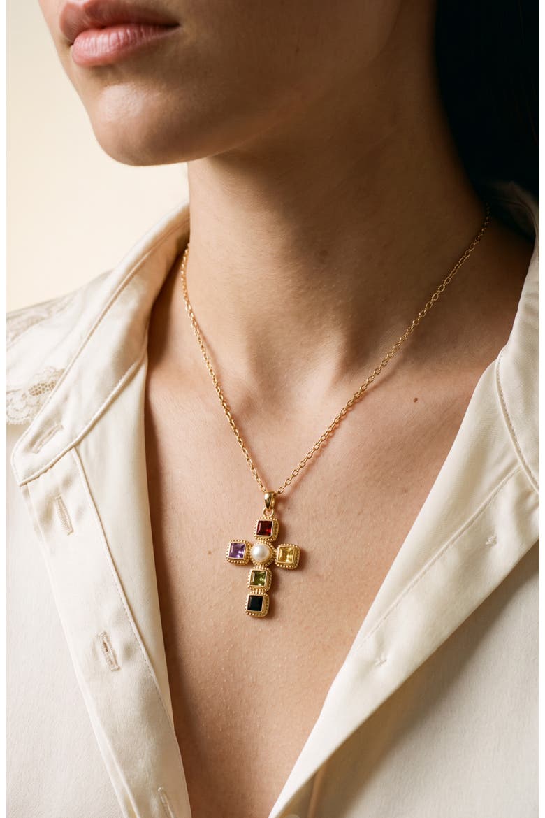 Jewel Imitation Pearl Cross Necklace, Alternate, color, GOLD