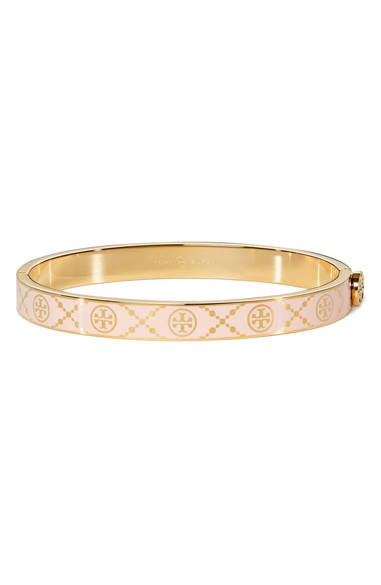 Tory Burch Icon T Monogram Hinge Bracelet, Main, color, Tory Gold / Pink