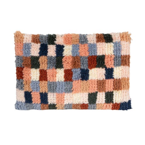 New Zealand Wool Tufted Checkered Lumbar Pillow with Cotton Back, Multicolor