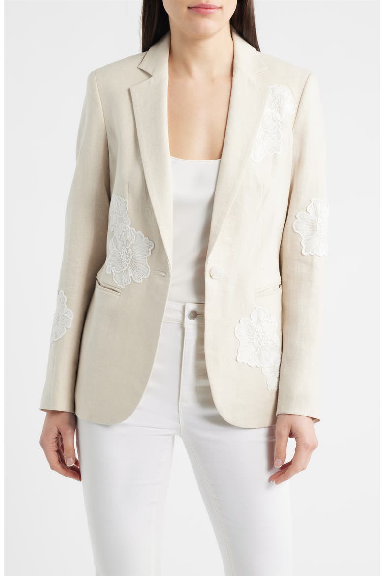 Floral Appliqué Linen Blend Blazer, Main, color, NATURAL GRAIN/ CRISP WHITE
