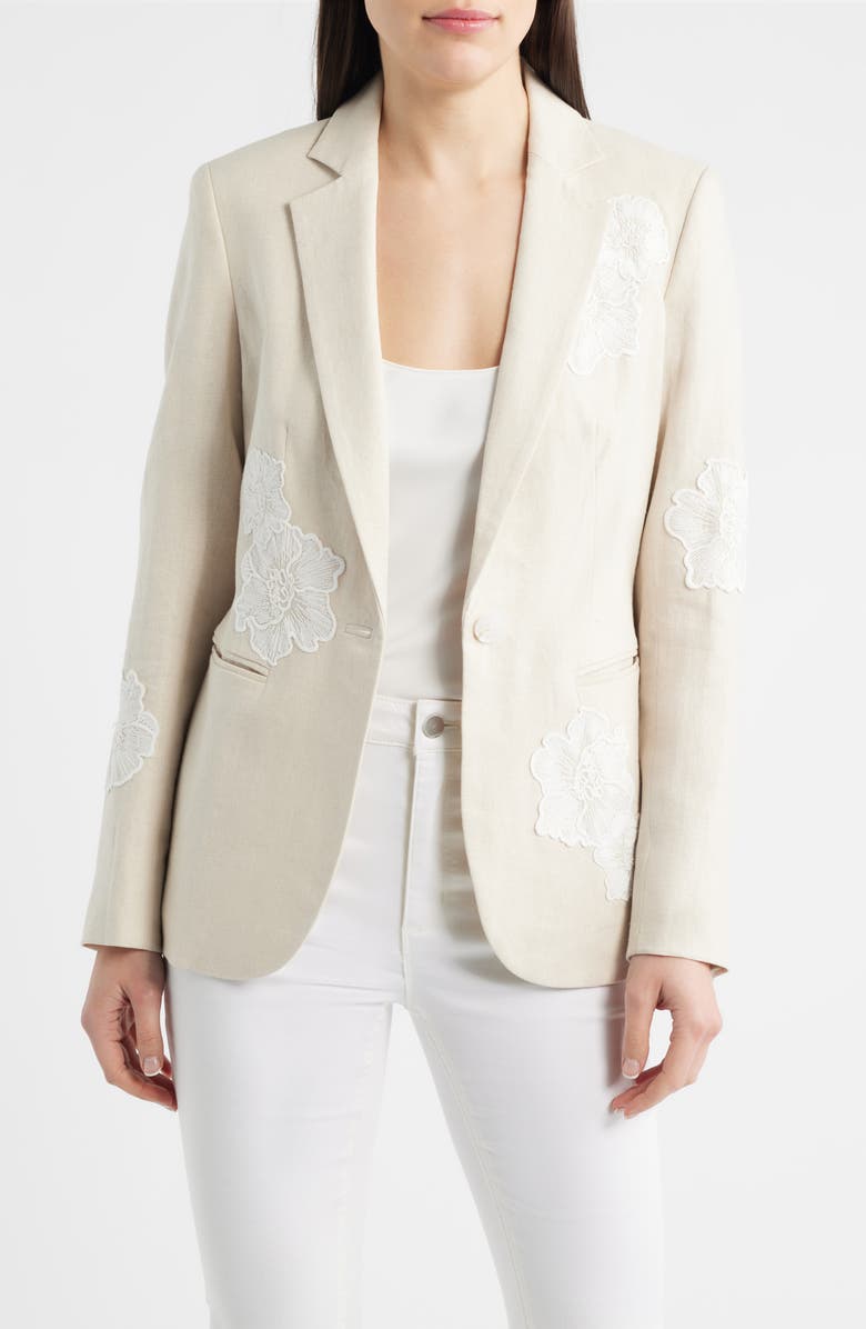Anne Klein Floral Appliqué Linen Blend Blazer, Main, color, Natural Grain/ Crisp White