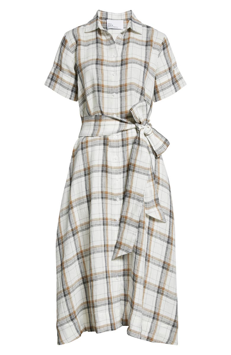 Lisa Marie Fernandez Plaid Linen Midi Shirtdress, Alternate, color, White Madras Plaid Linen