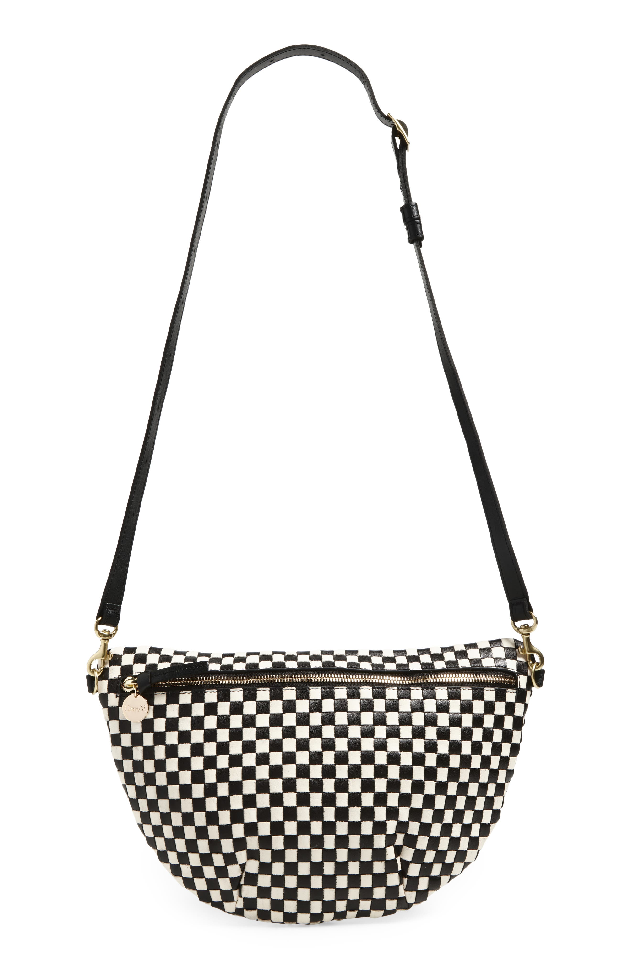Clare V. Grande Woven Leather Belt Bag, Main, color, Black And Cream Checker