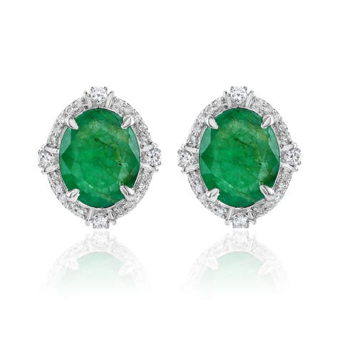 14K Gold 4.48cttw Oval-Cut Emerald & 0.30cttw Diamonds Earrings