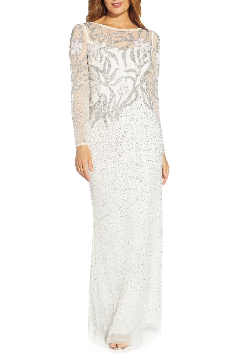 Long Sleeve Beaded Column Gown, Main, color, IVORY/ SILVER