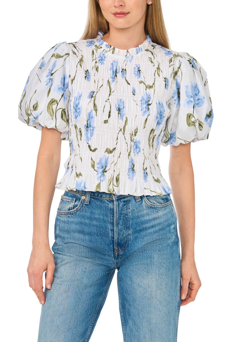 Floral Smocked Puff Sleeve Top, Main, color, ULTRA WHITE