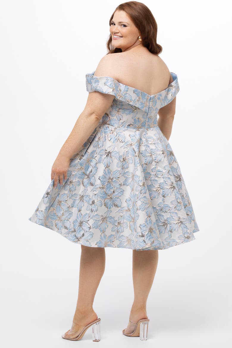 Off-The-Shoulder Brocaade Plus Size Party Dress, Alternate, color, Light Blue Floral