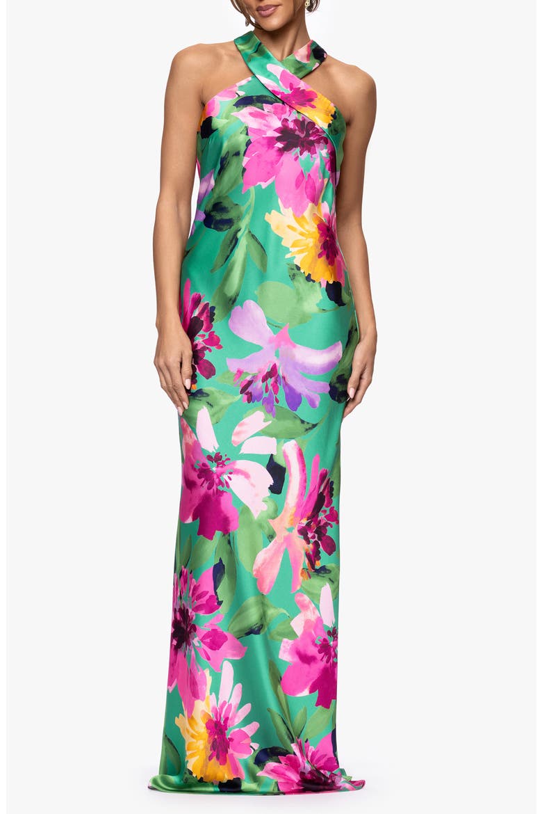 Floral Stretch Satin Column Gown, Main, color, GREEN/ MULTI