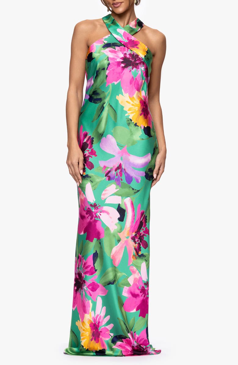 Xscape Evenings Floral Stretch Satin Column Gown, Main, color, Green/ Multi
