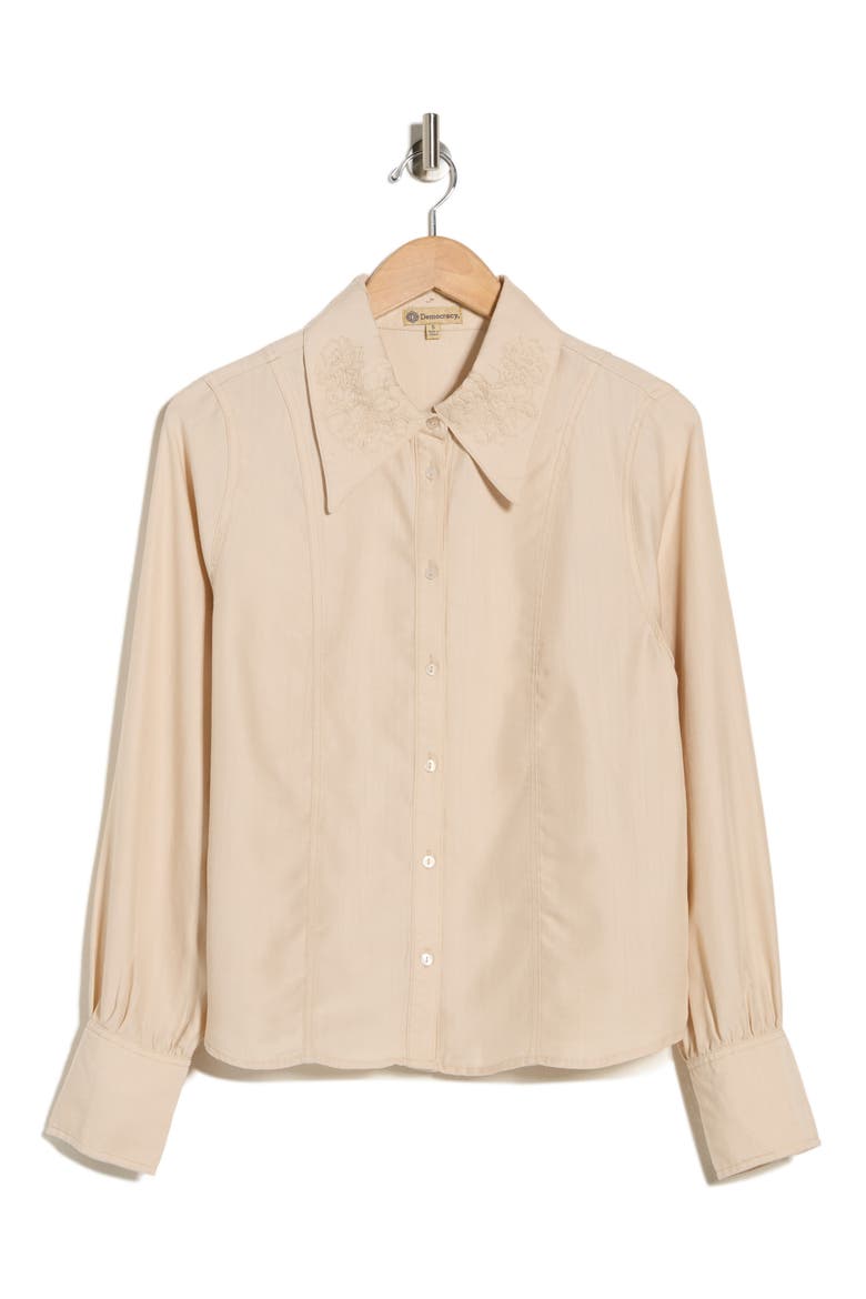 Embroidered Chambray Button-Up Shirt, Alternate, color, MACADAMIA