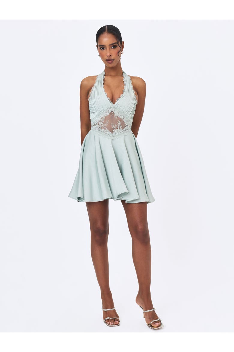 Rianna Crinkle Satin Halter Mini Dress, Alternate, color, Light Sage