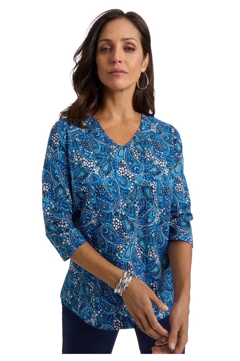 Stretch Cotton V Neck Tee, Main, color, POOL BLUE GARDEN PAISLEY