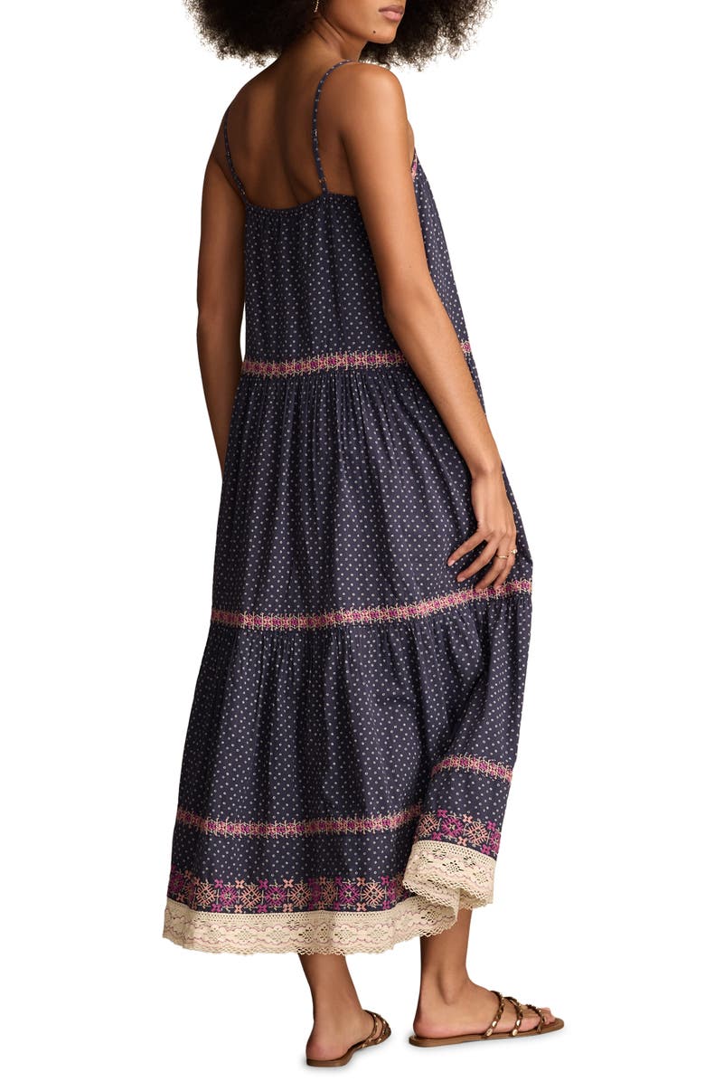 Lucky Brand Embroidered Printed Tiered Cotton Maxi Sundress, Alternate, color, Indigo