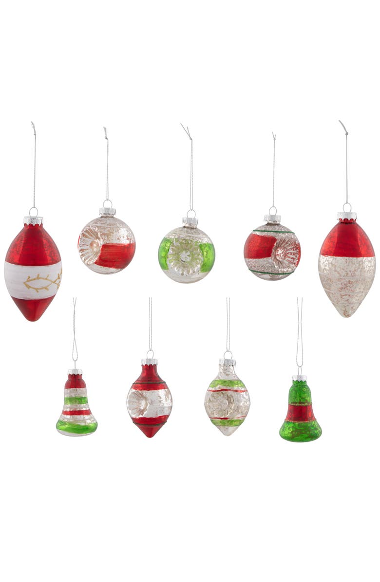 Northlight Retro Reflector 2-Finish Christmas Glass Ornaments - 3.25" - Green and Red - 9ct, Main, color, 