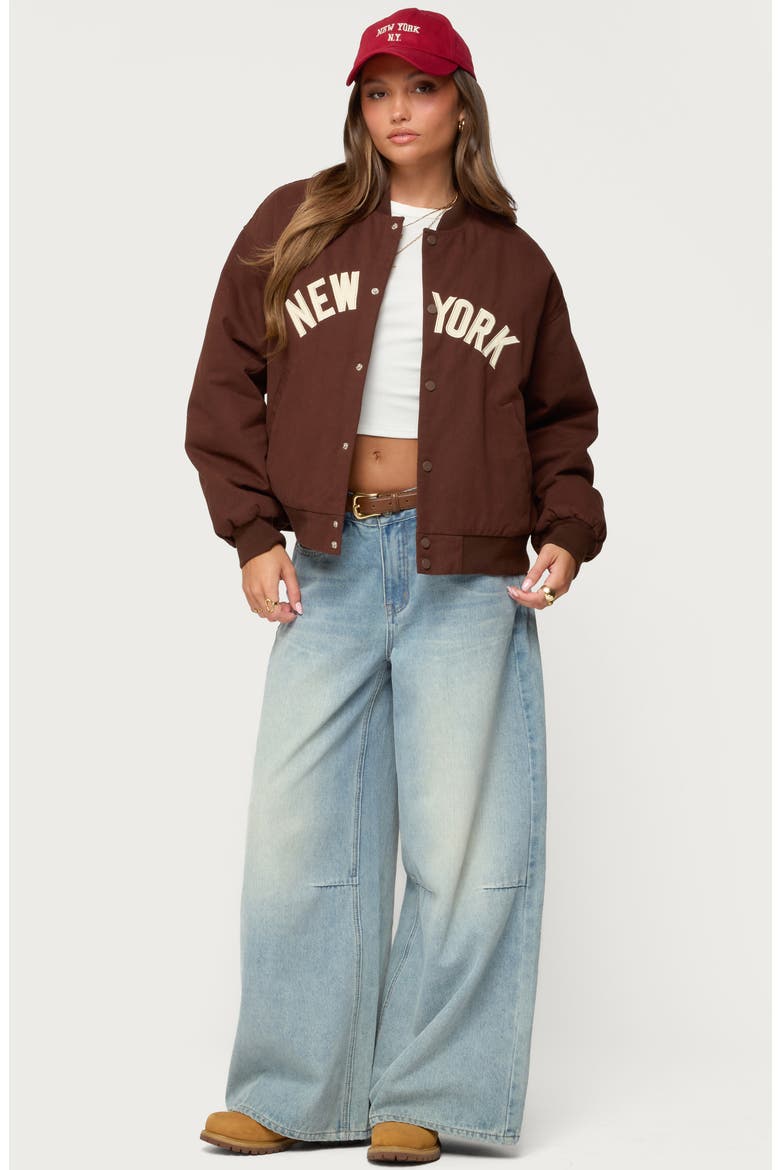 Big Apple Oversize Cotton Bomber Jacket, Alternate, color, BROWN