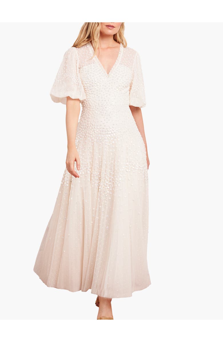 Needle & Thread Scallop Sequin V-neck Ankle Gown, Main, color, Cream