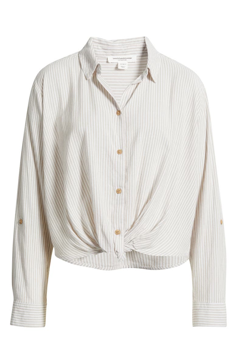 beachlunchlounge Vivica Stripe Twist Hem Button-Up Shirt, Alternate, color, French Cafe