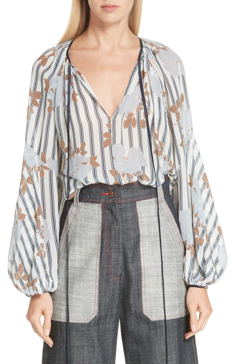 Lee Mathews Dolly Print Tie Neck Silk Top, Main, color, 