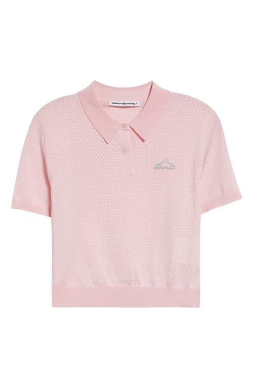 Alexander Wang 3d Logo Crop Open Knit Mesh Polo In Light Pink