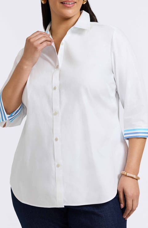 Margie Stripe Trim Cotton Button-Up Shirt (Plus)