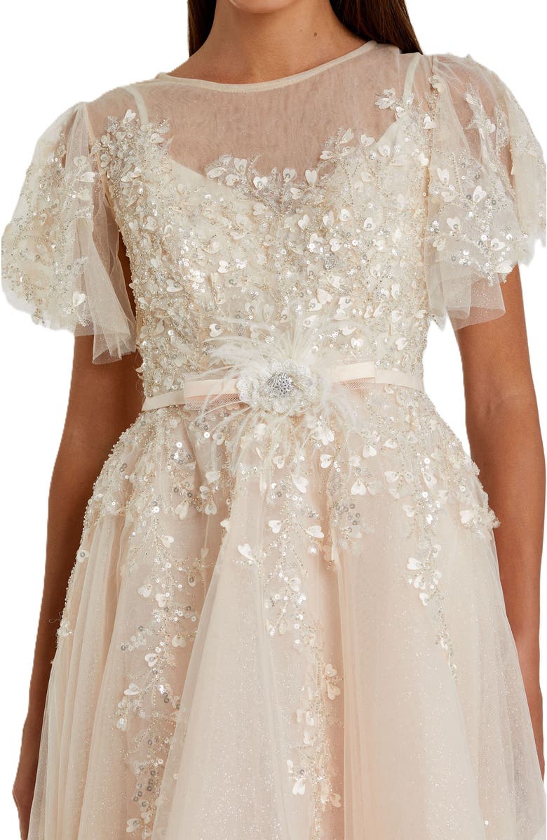 Mac Duggal Embellished Flutter Sleeve Bow Waist A Line Dress, Alternate, color, Nude