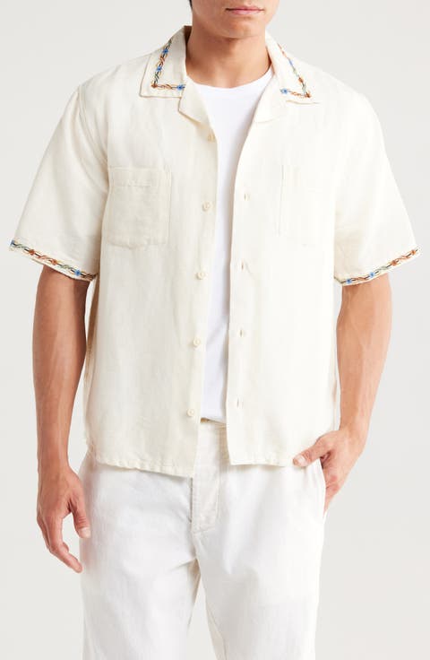 Rose Chain Embroidered Linen & Cotton Camp Shirt