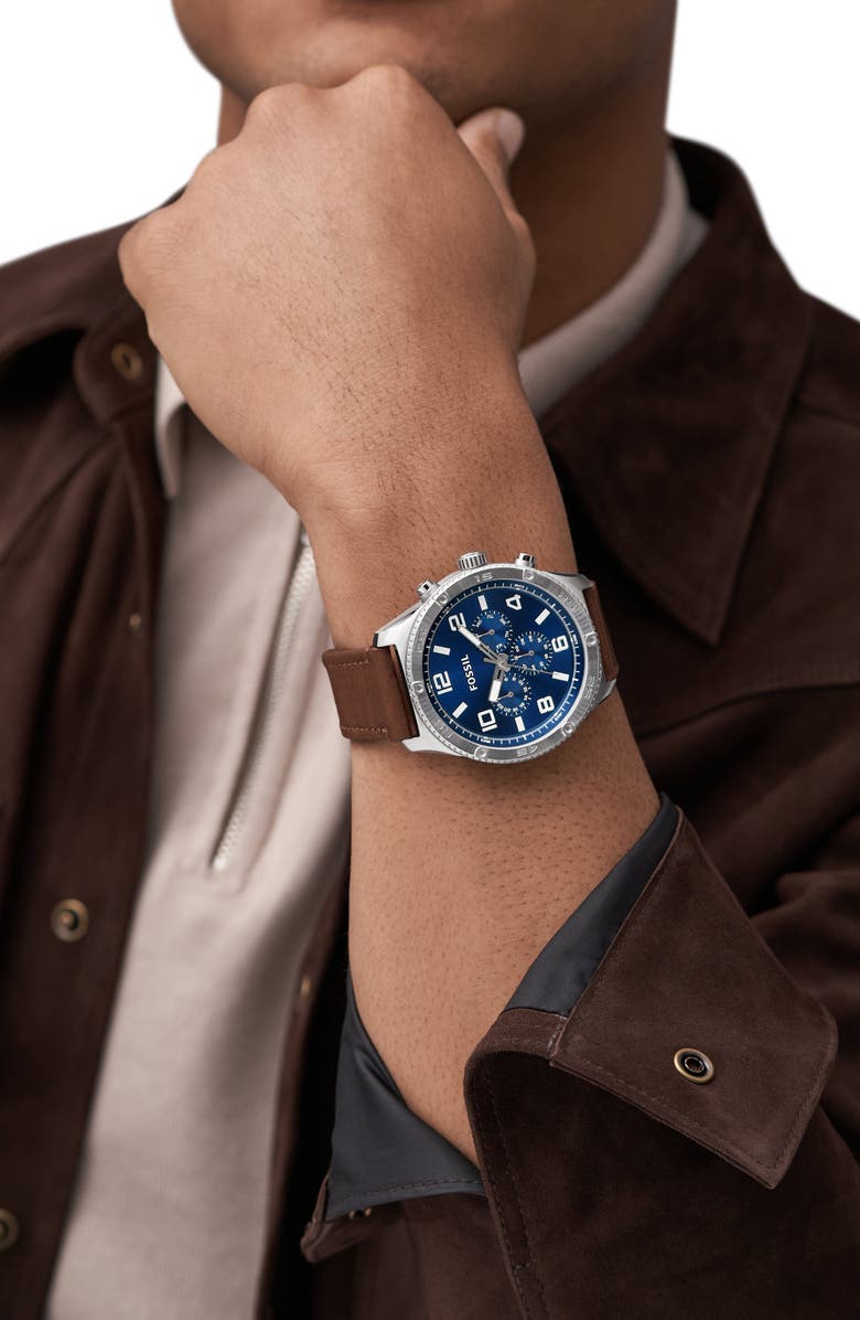 Fossil Brox Multifunction Leather Strap Watch, 50mm, Alternate, color, Silver