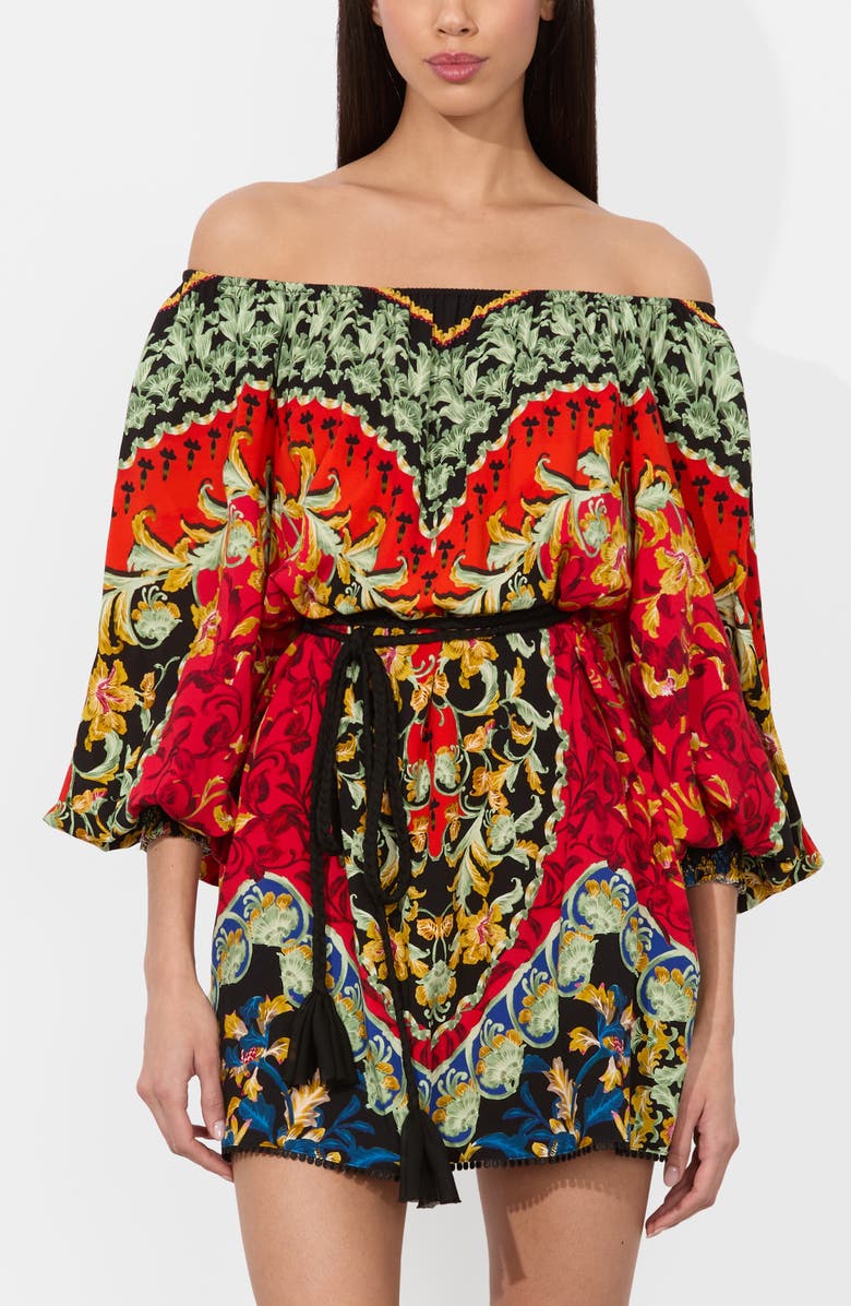 Alice + Olivia Artemis Print Off the Shoulder Long Sleeve Belted Minidress, Alternate, color, Love Note