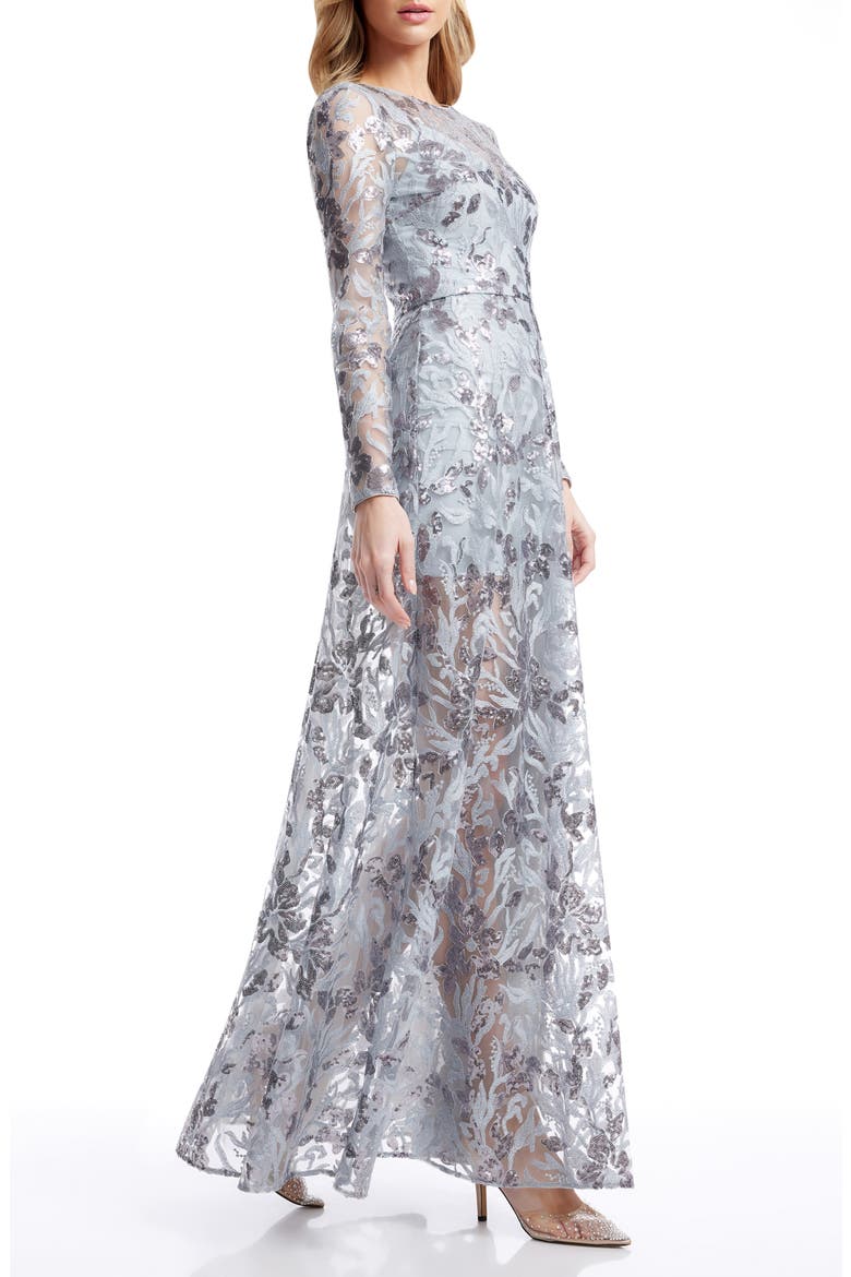 Ava Sequin Floral Long Sleeve A-Line Gown, Alternate, color, LIGHT ICE BLUE