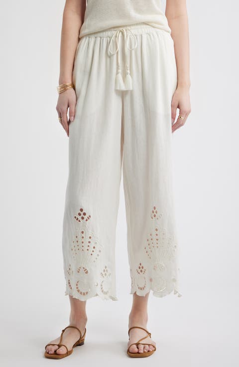 Cutwork Hem Linen Blend Pull-On Pants