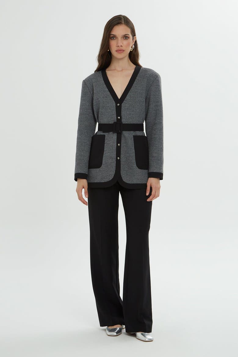 Grey and Black Cardigan Set with Belt Detail, Main, color, Grey